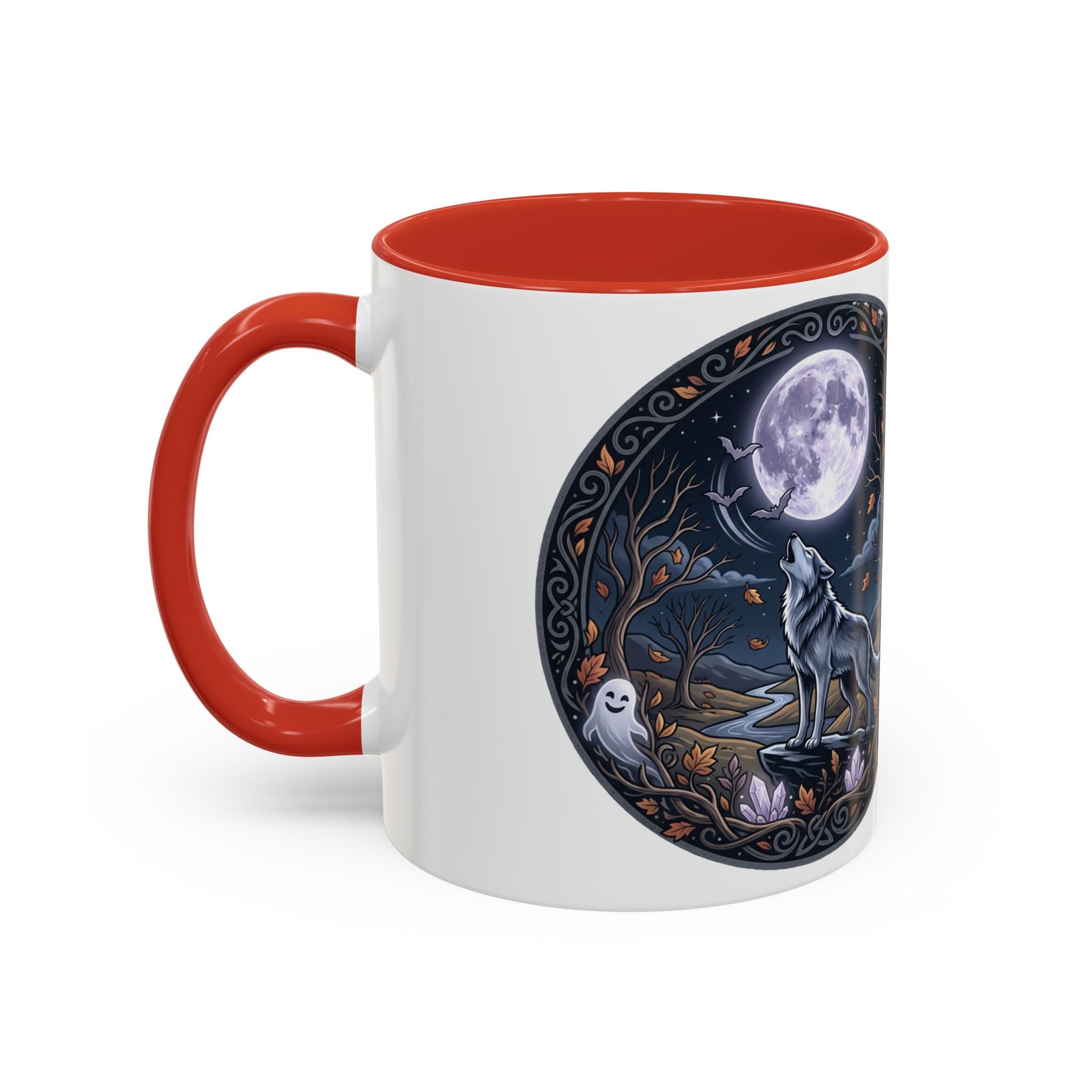 Wolf Moon Accent Coffee Mug — Gothic Night Forest Design with Ghost