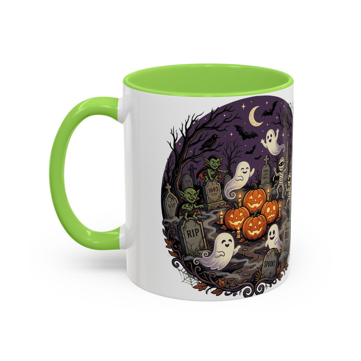 Halloween Graveyard Mug — Ghosts, Mummies, Goblins & Jack-O-Lanterns Spooky Night Scene