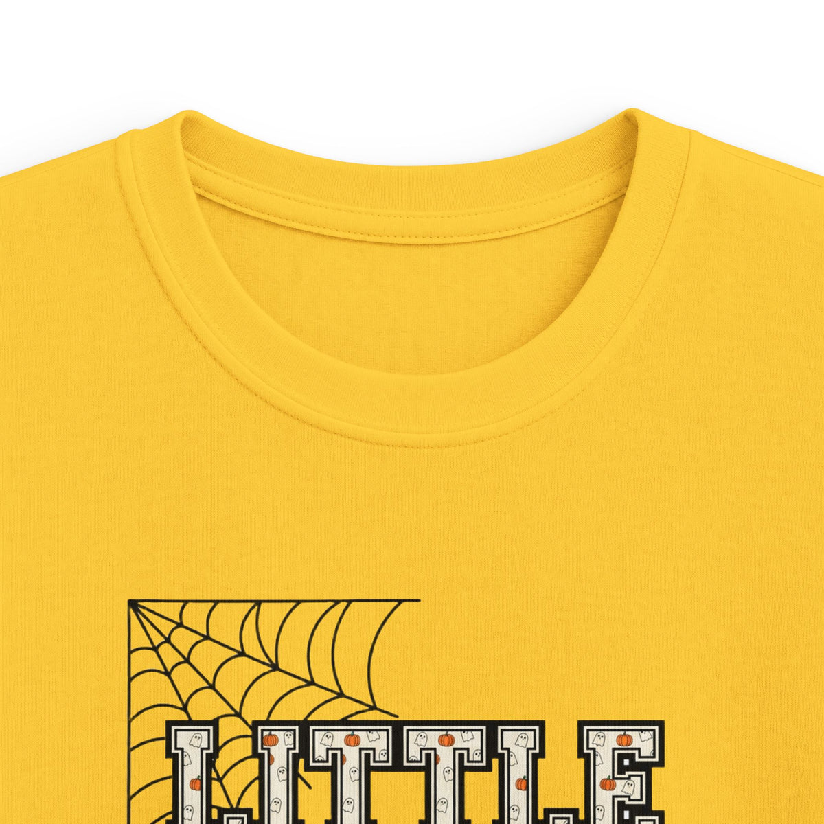 Little Sis Kids Halloween T-Shirt — Candy Corn Colors, Orange Bow & Spiderwebs Tee