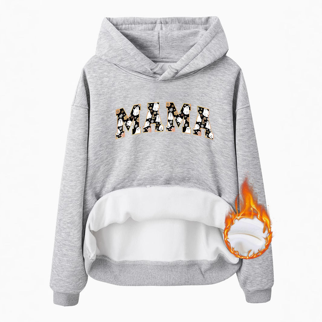 Pocket hooded long sleeved fleece sweatshirt top with MAMA print