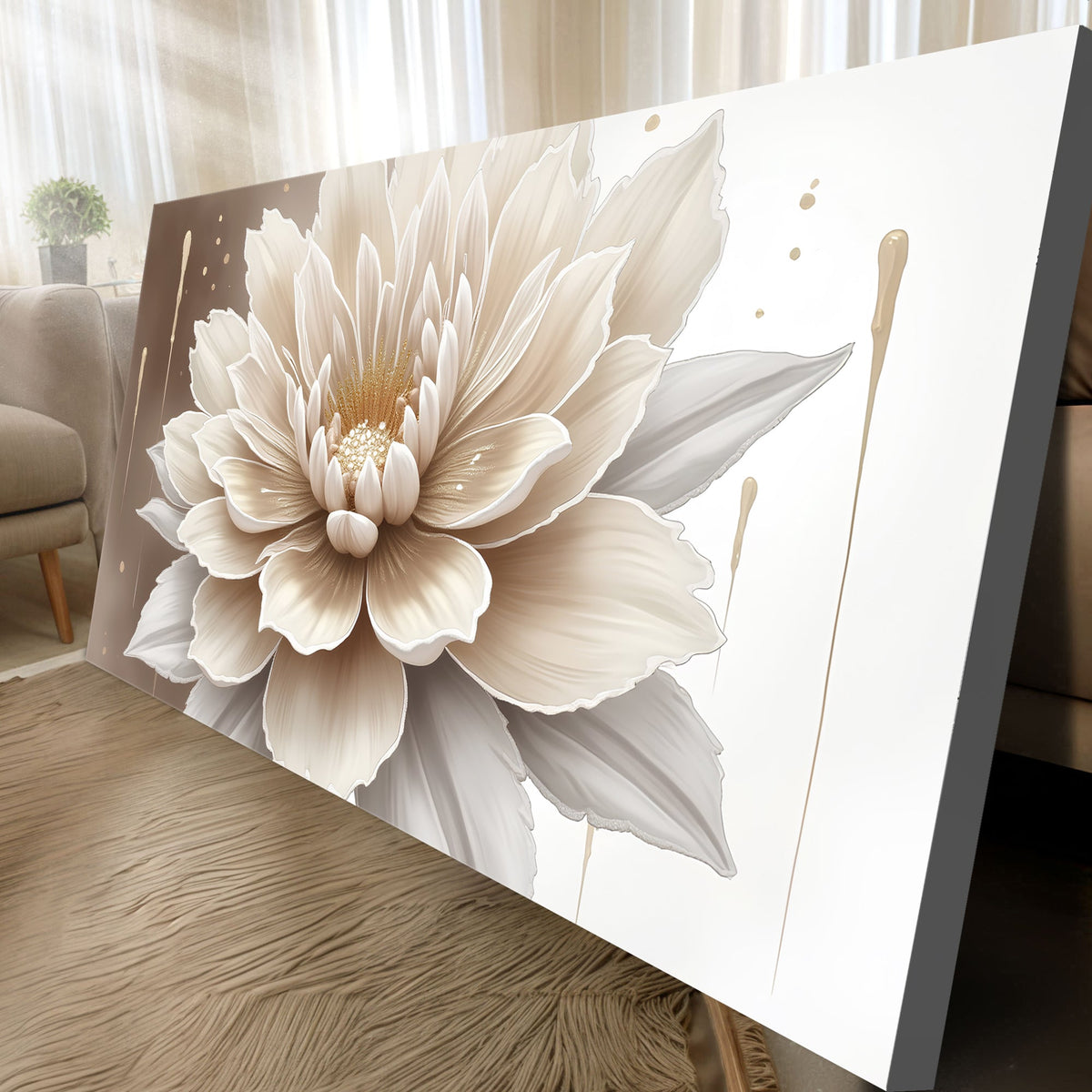 Single Beige Flower Abstract Wall Art | Minimalist Floral Canvas