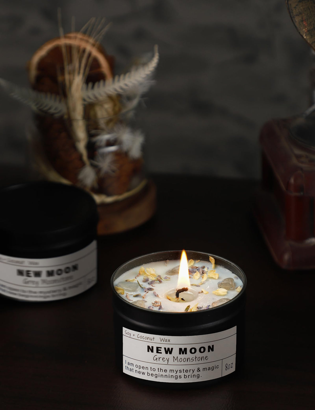 Crystal Intention Candle, 8oz Soy & Coconut Tin with Dried Flowers, Meditation Self-Care Gift