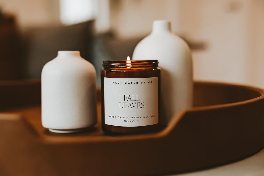 Sweet Water Decor Hello Fall Candle, 9oz Amber Jar, Autumn Scents for Home