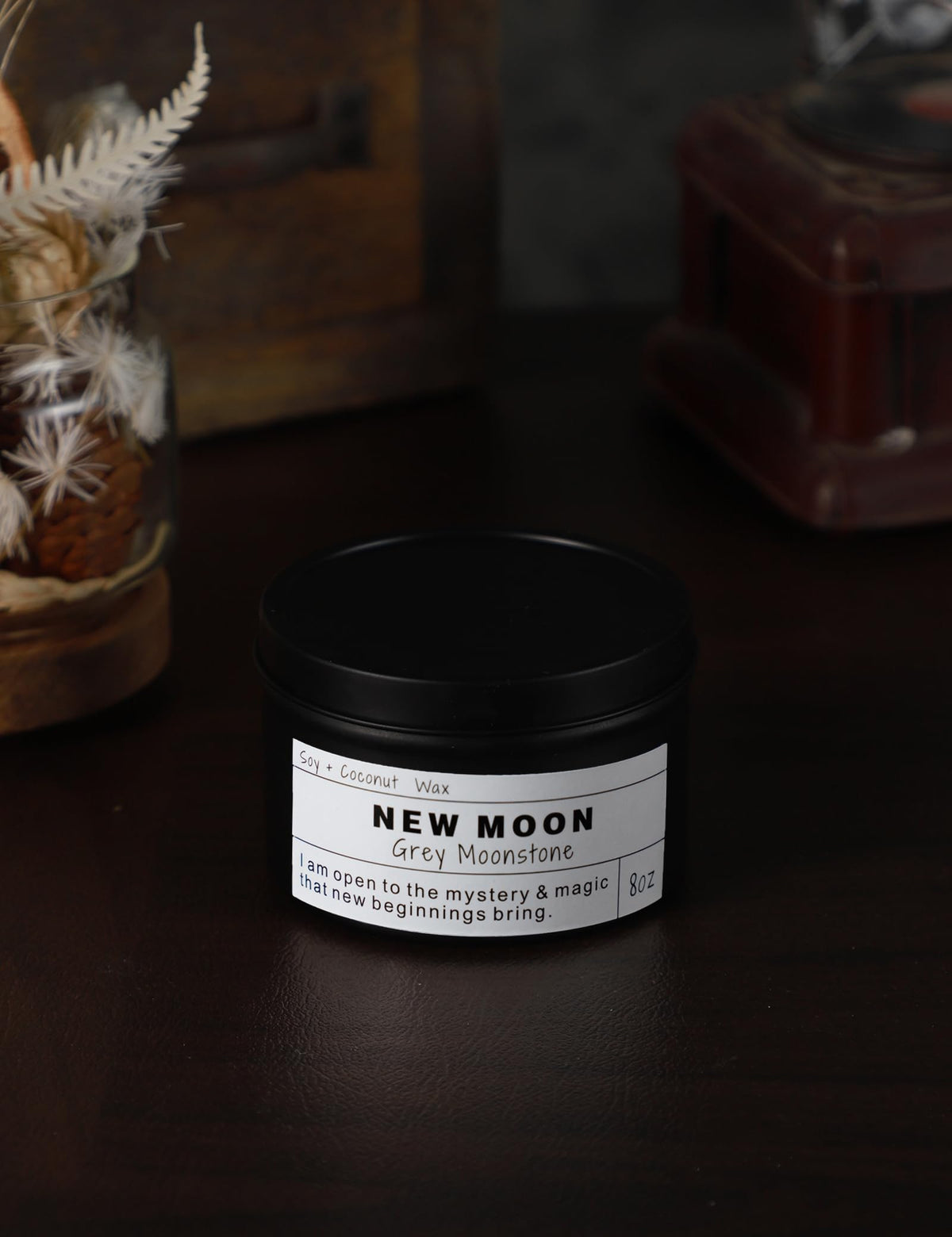 Crystal Intention Candle, 8oz Soy & Coconut Tin with Dried Flowers, Meditation Self-Care Gift