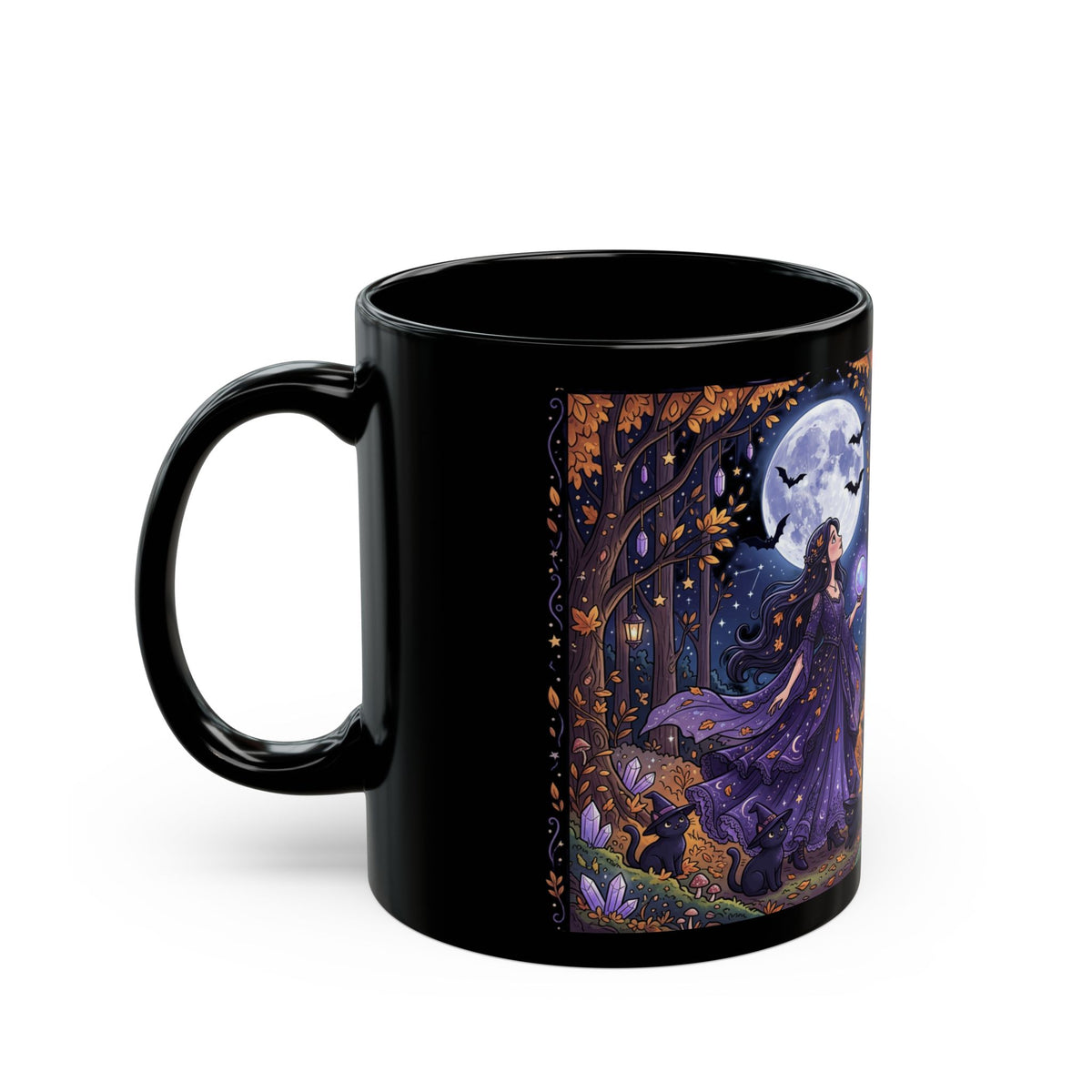 Witchy Moonlight Black Mug — Beautiful Witch Crystal Ball Full Moon Gothic Coffee Cup