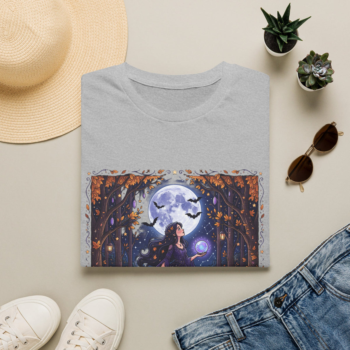 Moonlit Witch T-Shirt — Beautiful Witch Crystal Ball Full Moon Mystical Forest Graphic Tee