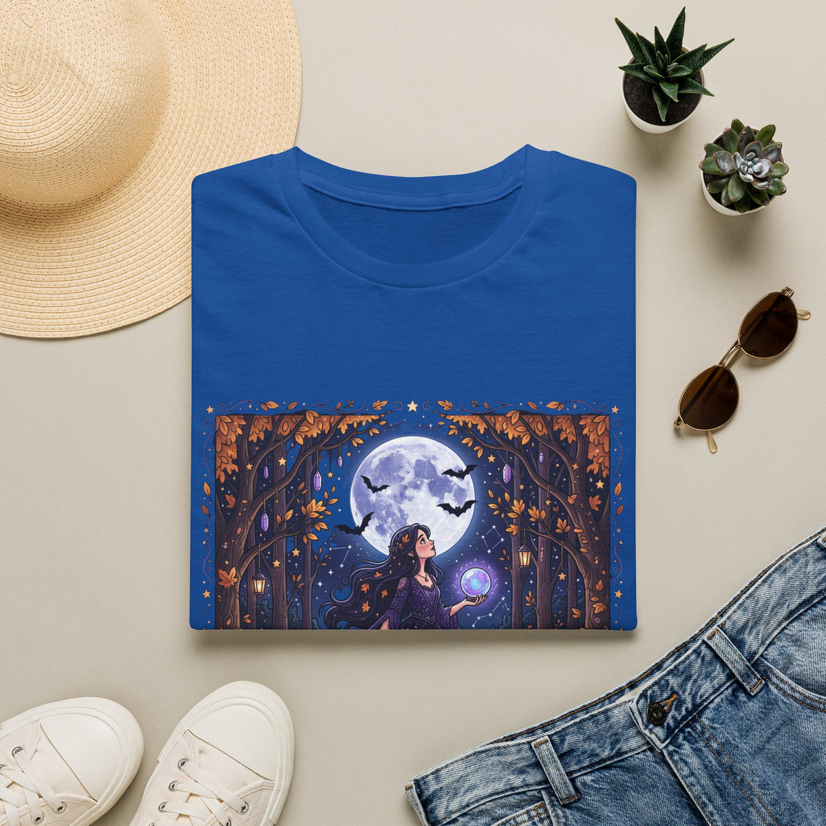 Moonlit Witch T-Shirt — Beautiful Witch Crystal Ball Full Moon Mystical Forest Graphic Tee