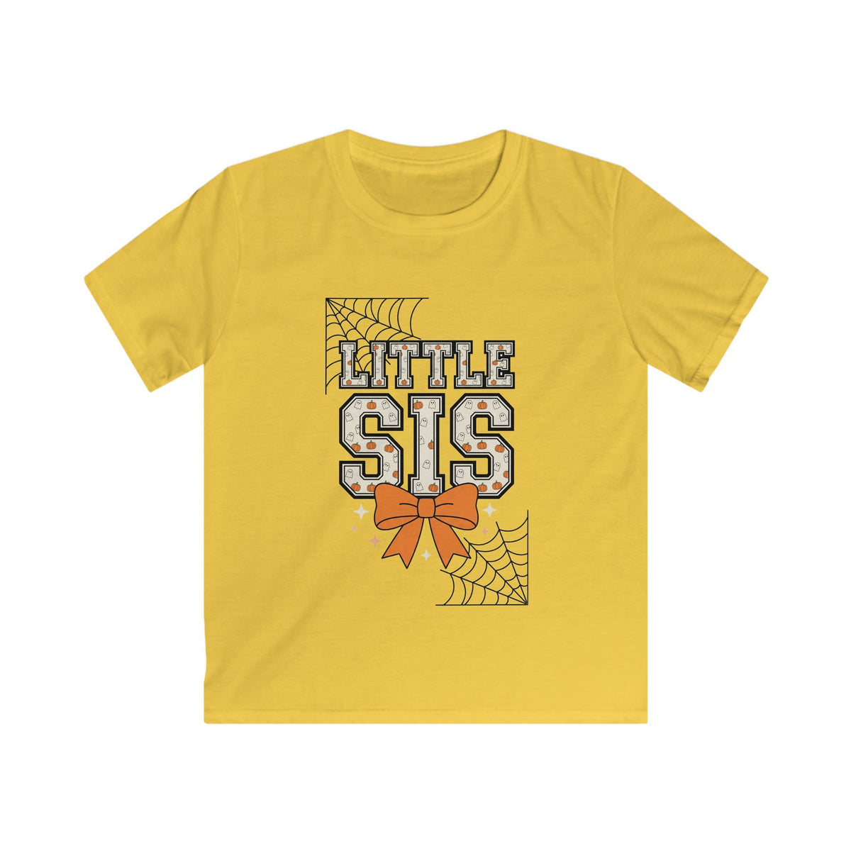 Little Sis Kids Halloween T-Shirt — Candy Corn Colors, Orange Bow & Spiderwebs Tee