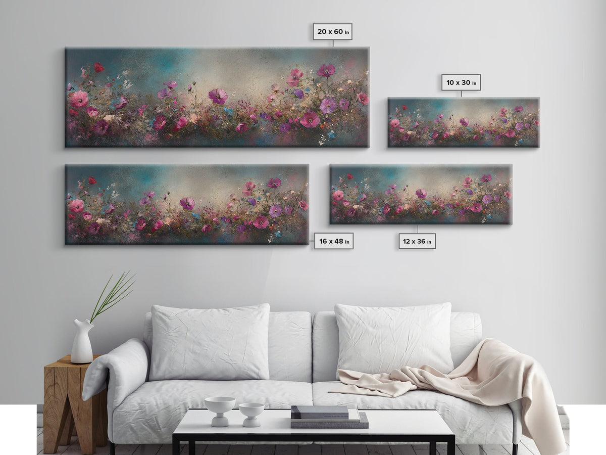 Abstract Pink Flower Painting Print, Wood Framed Wall Art, Flowers Wall Art, Vintage Landscape Wildflowers Painting