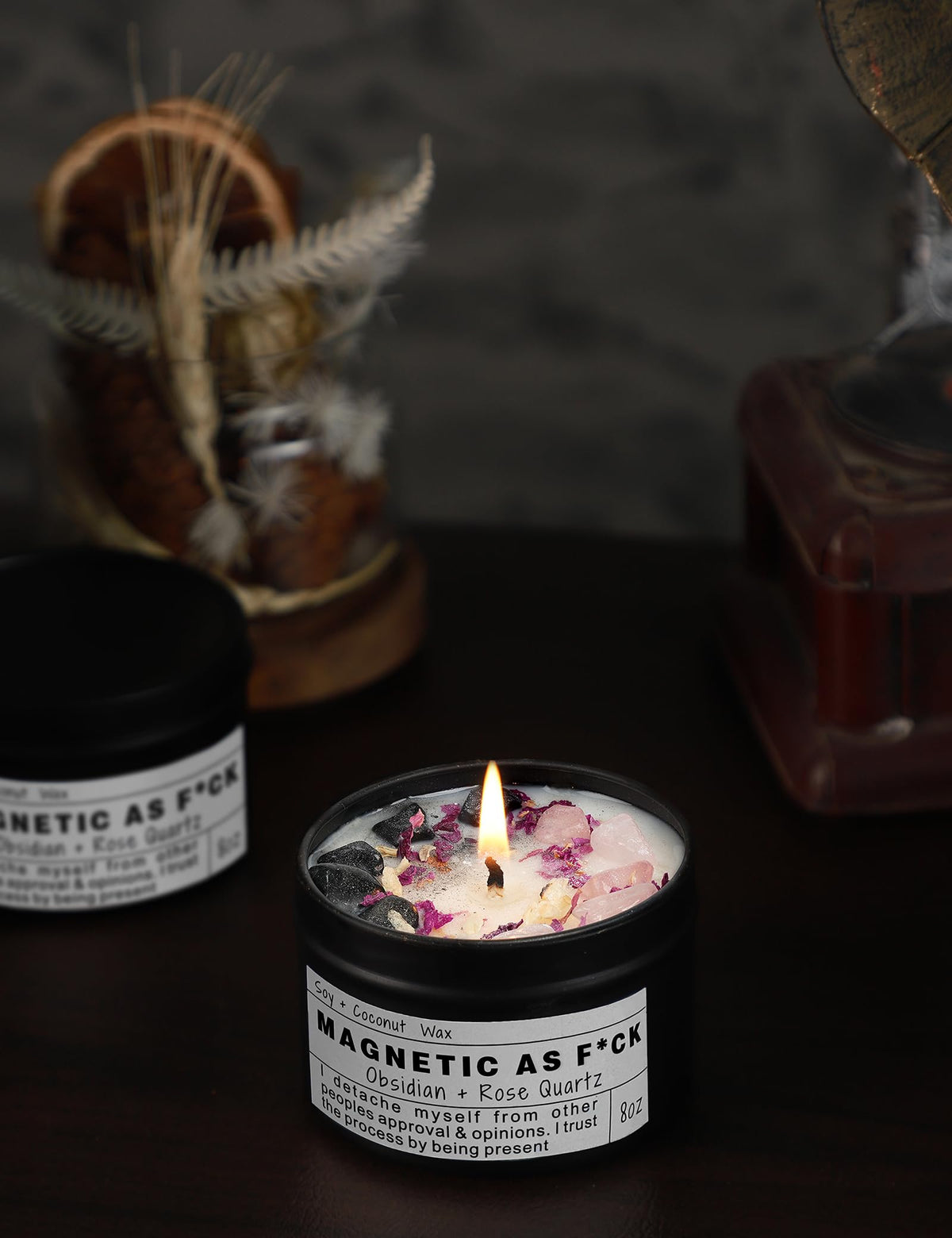 Crystal Intention Candle, 8oz Soy & Coconut Tin with Dried Flowers, Meditation Self-Care Gift