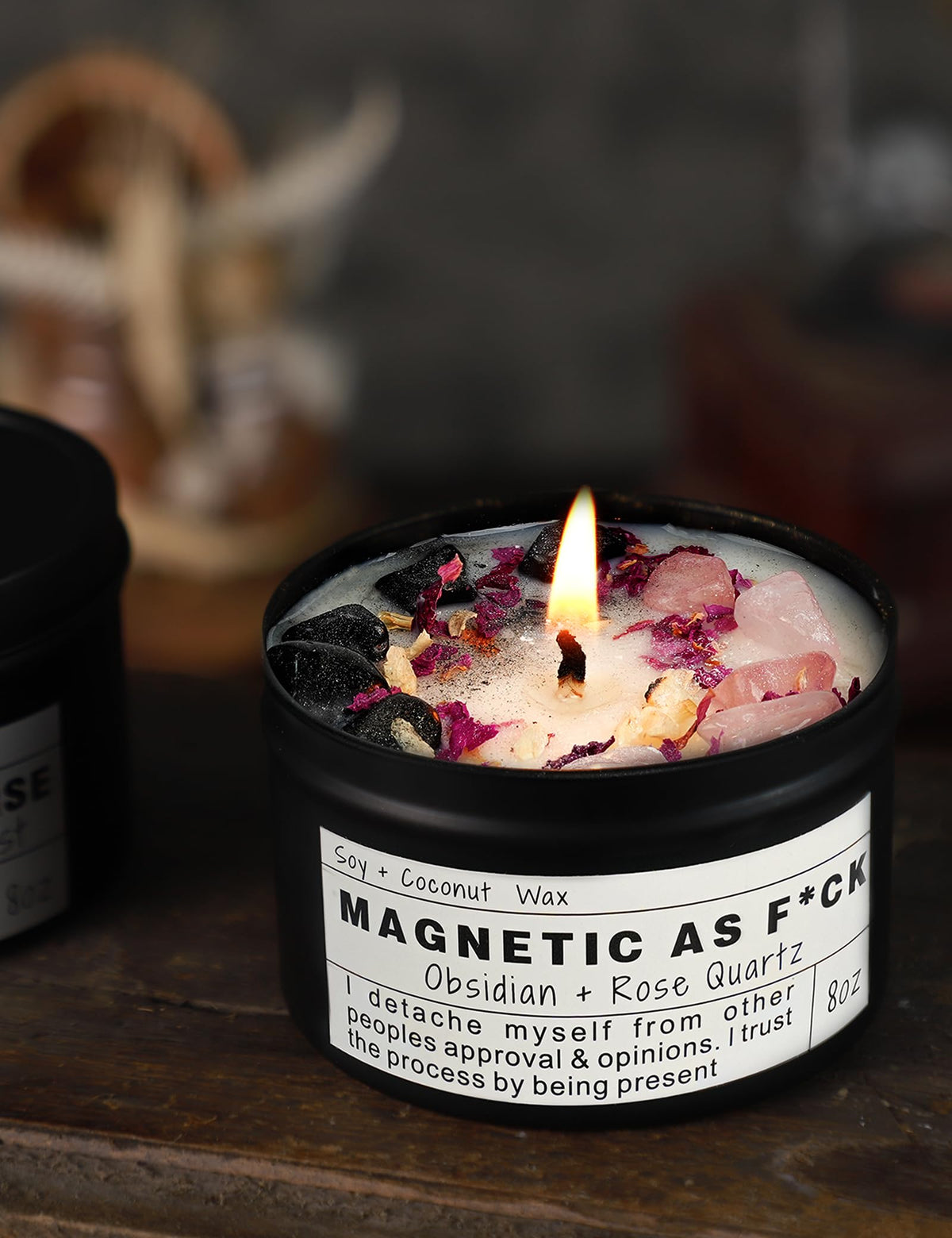Crystal Intention Candle, 8oz Soy & Coconut Tin with Dried Flowers, Meditation Self-Care Gift