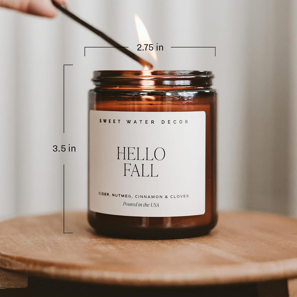 Sweet Water Decor Hello Fall Candle, 9oz Amber Jar, Autumn Scents for Home