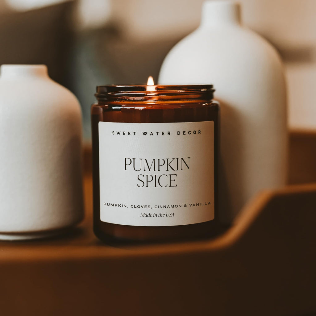 Sweet Water Decor Hello Fall Candle, 9oz Amber Jar, Autumn Scents for Home