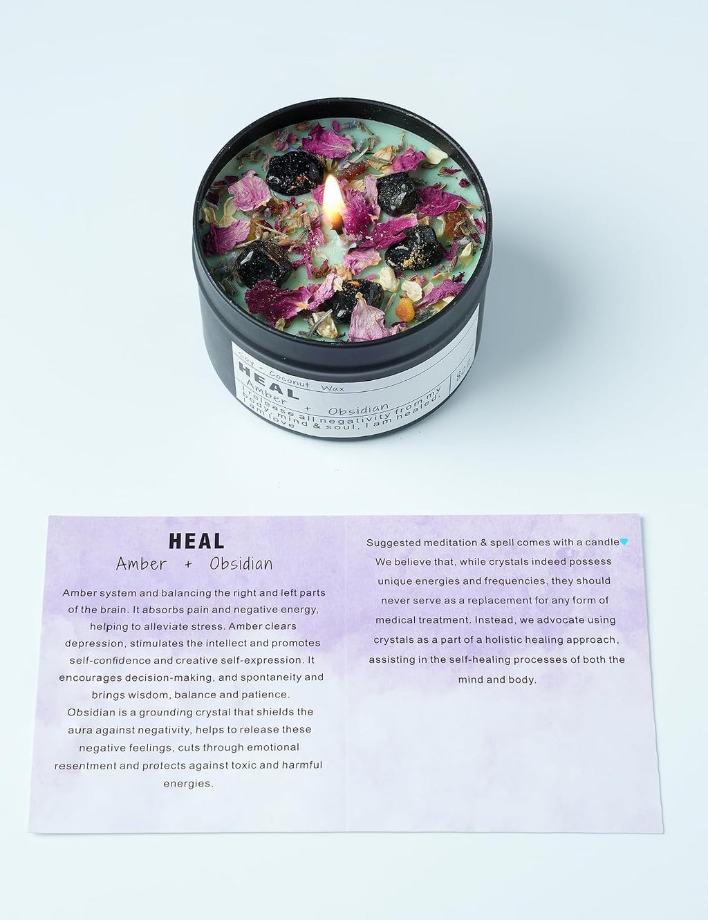 Crystal Intention Candle, 8oz Soy & Coconut Tin with Dried Flowers, Meditation Self-Care Gift