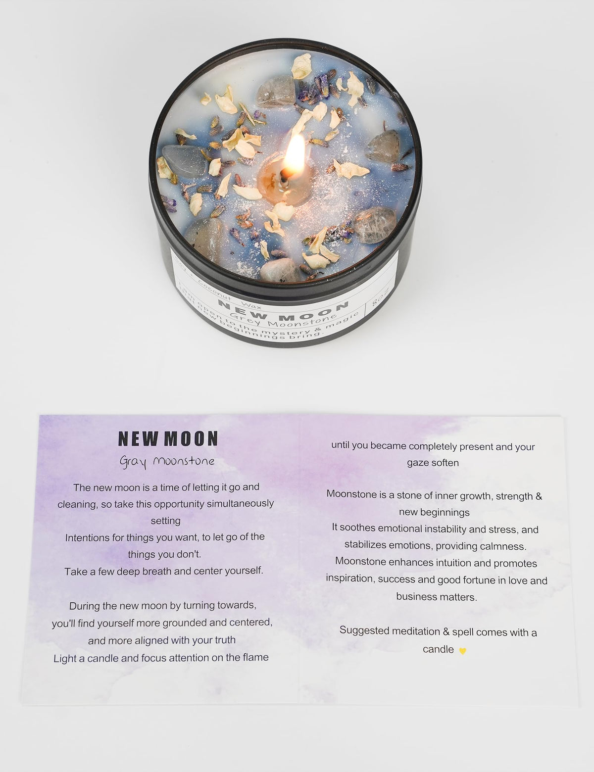 Crystal Intention Candle, 8oz Soy & Coconut Tin with Dried Flowers, Meditation Self-Care Gift