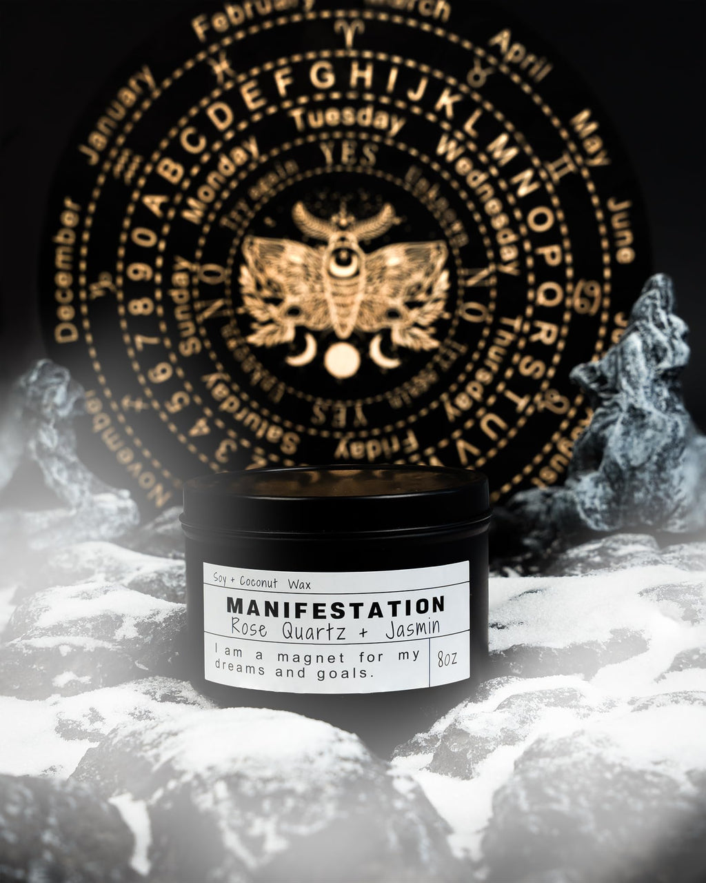 Crystal Intention Candle, 8oz Soy & Coconut Tin with Dried Flowers, Meditation Self-Care Gift