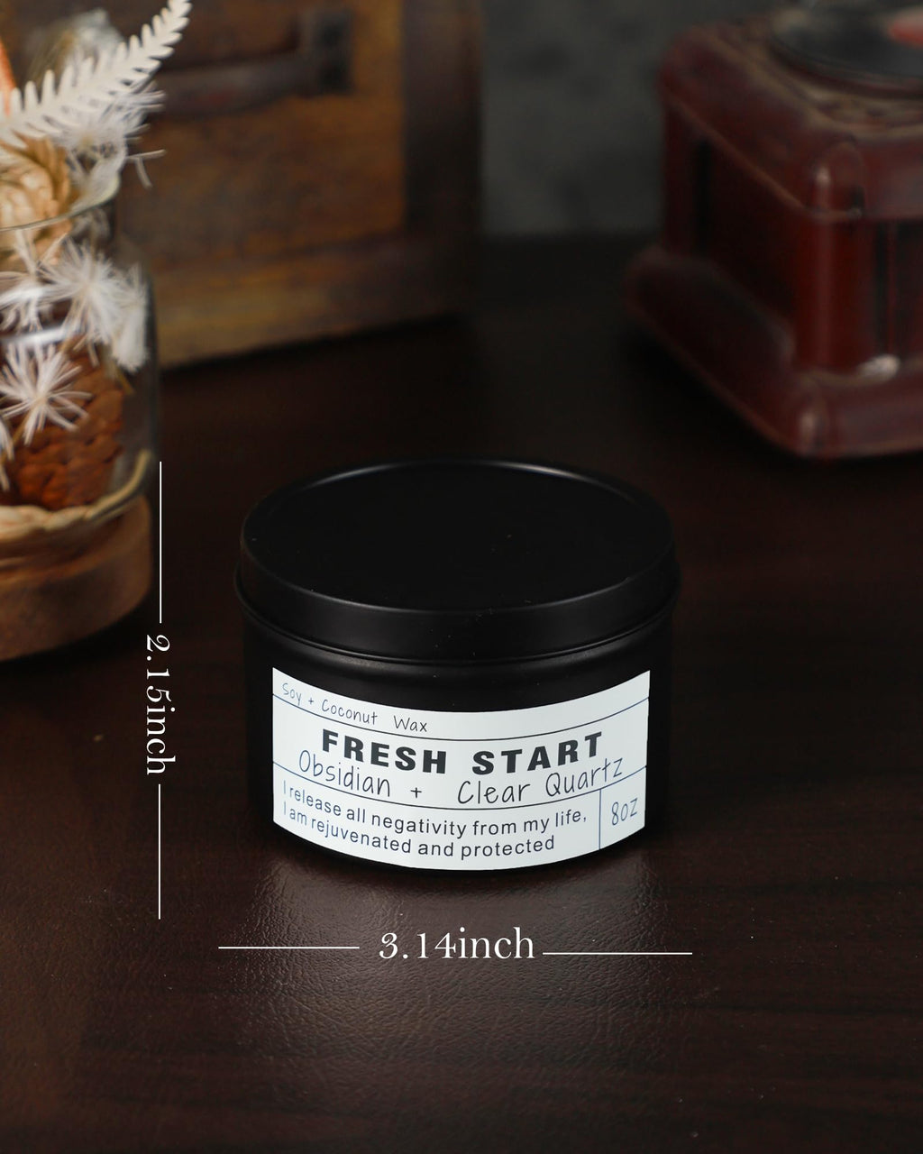 Crystal Intention Candle, 8oz Soy & Coconut Tin with Dried Flowers, Meditation Self-Care Gift