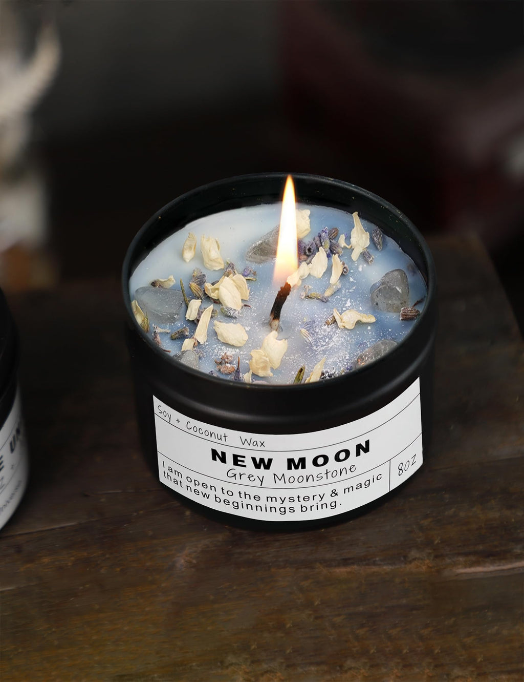 Crystal Intention Candle, 8oz Soy & Coconut Tin with Dried Flowers, Meditation Self-Care Gift