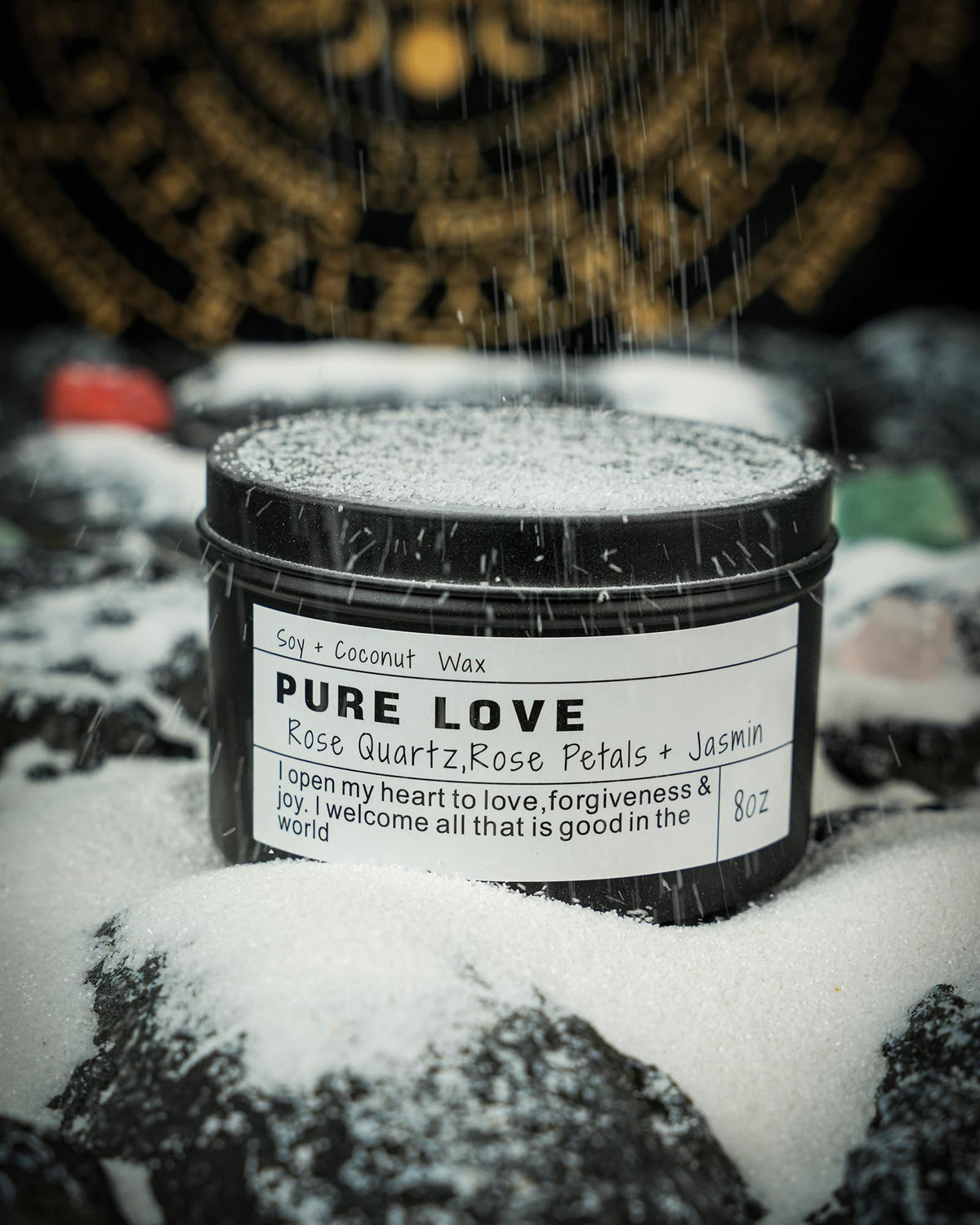 Crystal Intention Candle, 8oz Soy & Coconut Tin with Dried Flowers, Meditation Self-Care Gift
