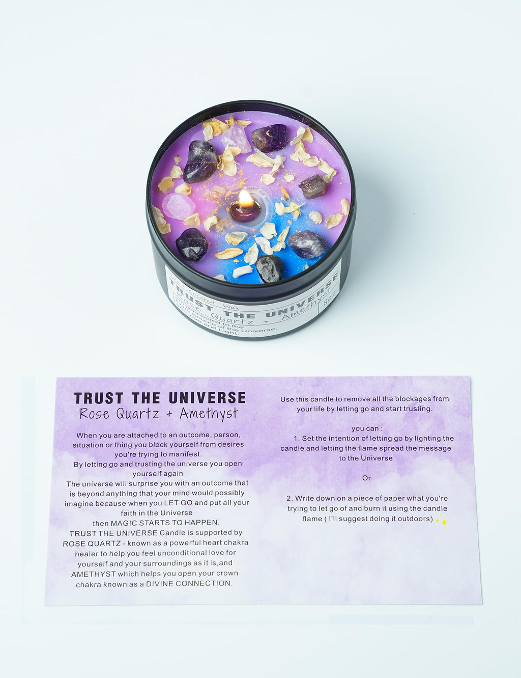 Crystal Intention Candle, 8oz Soy & Coconut Tin with Dried Flowers, Meditation Self-Care Gift