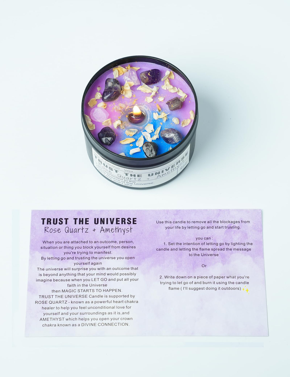 Crystal Intention Candle, 8oz Soy & Coconut Tin with Dried Flowers, Meditation Self-Care Gift