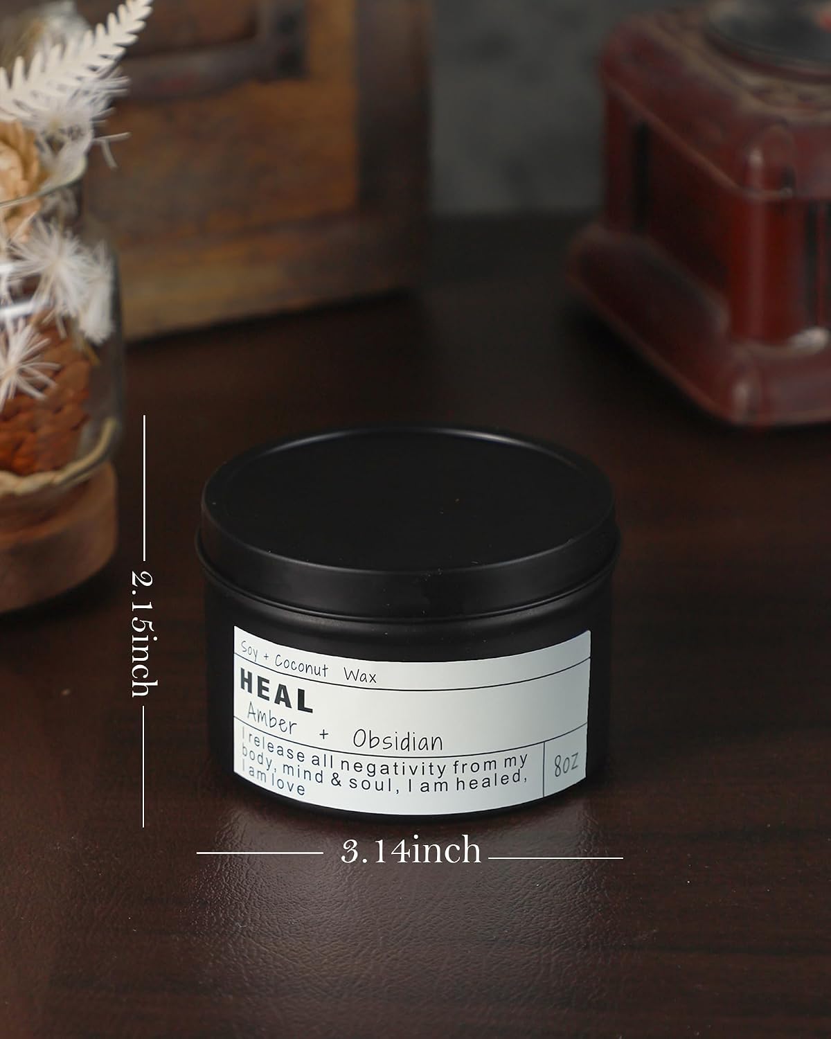 Crystal Intention Candle, 8oz Soy & Coconut Tin with Dried Flowers, Meditation Self-Care Gift