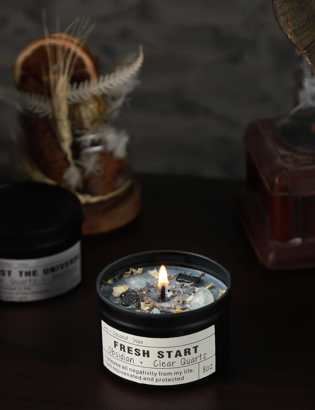 Crystal Intention Candle, 8oz Soy & Coconut Tin with Dried Flowers, Meditation Self-Care Gift