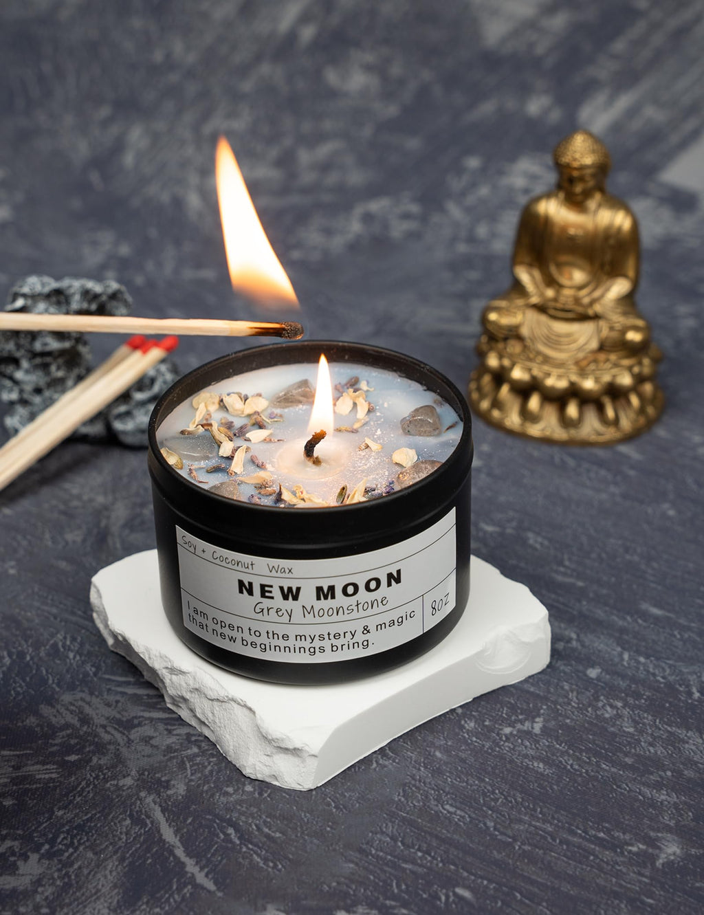 Crystal Intention Candle, 8oz Soy & Coconut Tin with Dried Flowers, Meditation Self-Care Gift