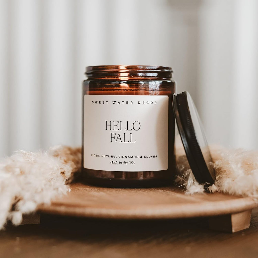 Sweet Water Decor Hello Fall Candle, 9oz Amber Jar, Autumn Scents for Home