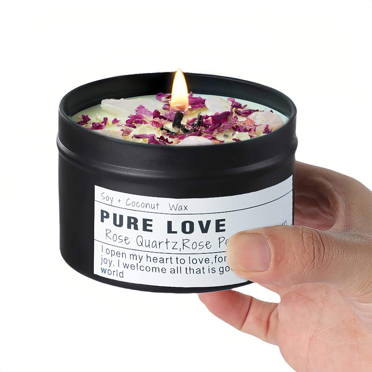 Crystal Intention Candle, 8oz Soy & Coconut Tin with Dried Flowers, Meditation Self-Care Gift