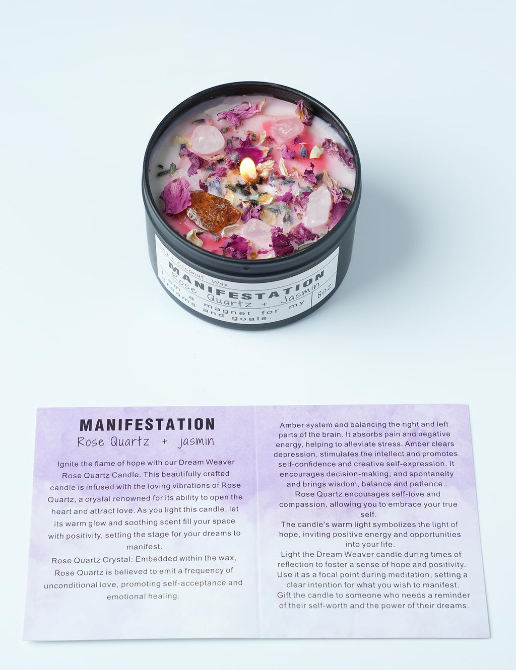 Crystal Intention Candle, 8oz Soy & Coconut Tin with Dried Flowers, Meditation Self-Care Gift