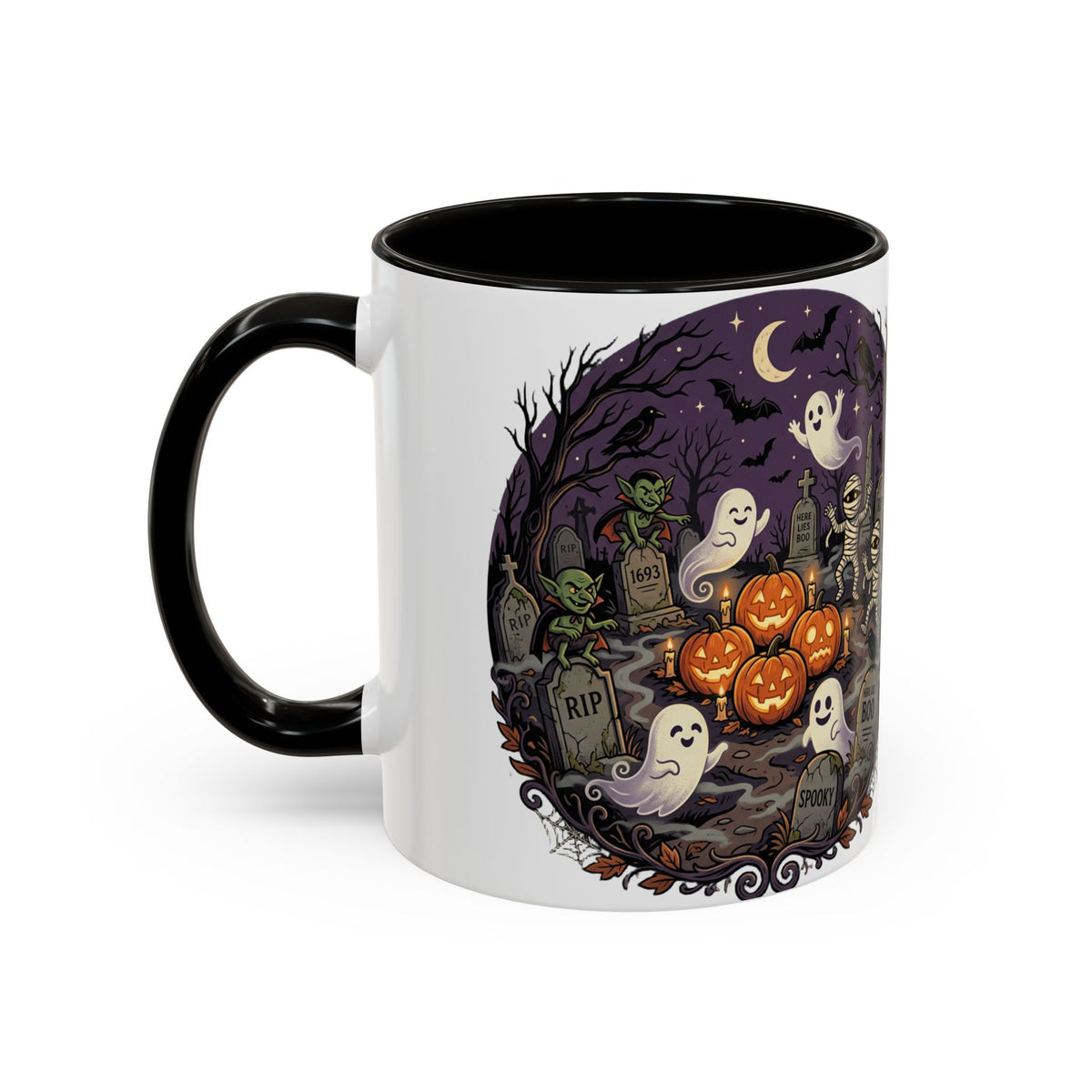 Halloween Graveyard Mug — Ghosts, Mummies, Goblins & Jack-O-Lanterns Spooky Night Scene
