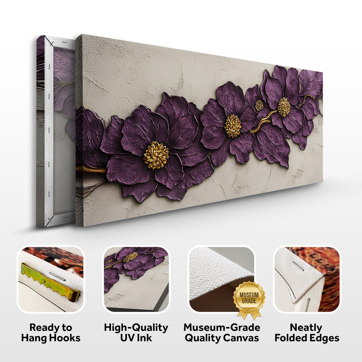 Purple Flower Plaster Wall Art | Textured Floral Canvas Print