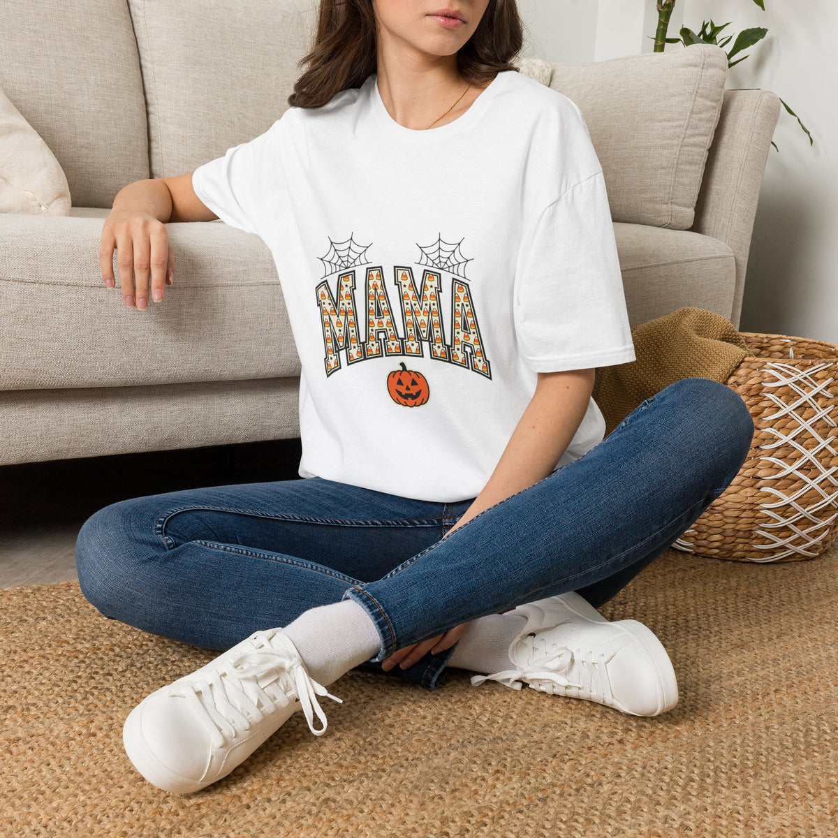 MAMA Halloween T-Shirt — Candy Corn Letters, Spiderwebs & Jack-O-Lantern Tee