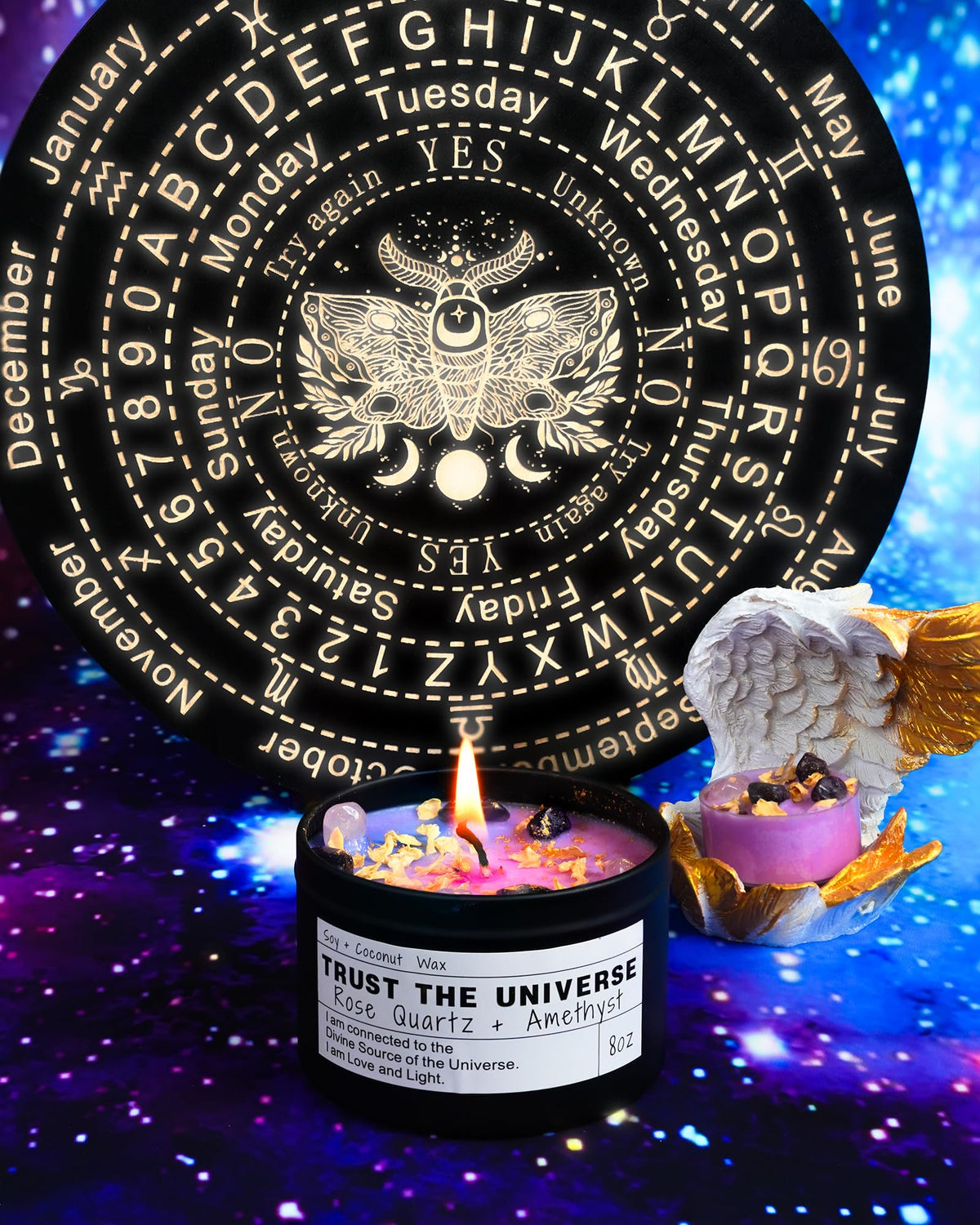 Crystal Intention Candle, 8oz Soy & Coconut Tin with Dried Flowers, Meditation Self-Care Gift