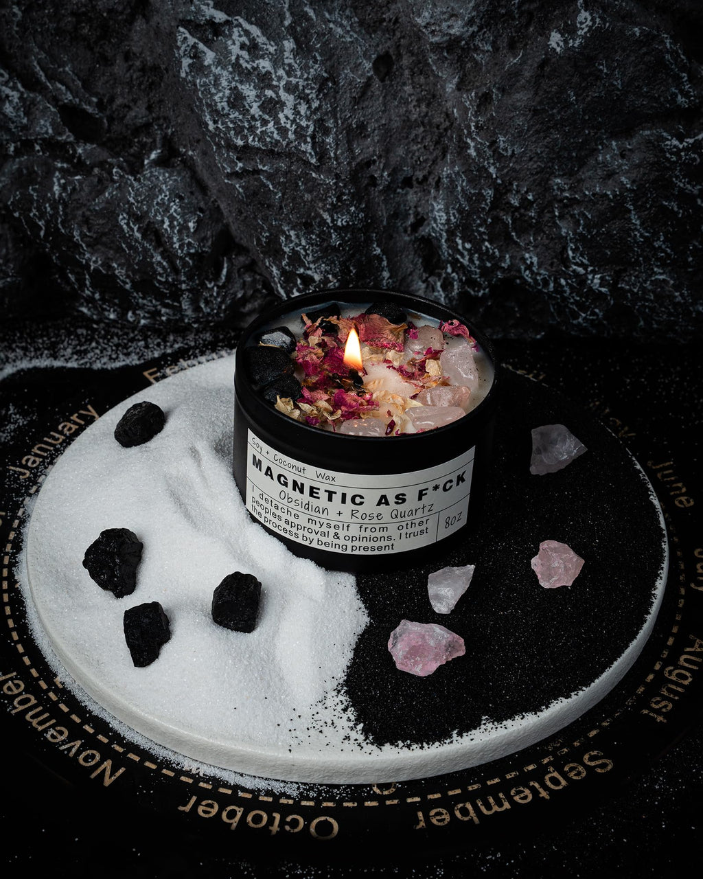 Crystal Intention Candle, 8oz Soy & Coconut Tin with Dried Flowers, Meditation Self-Care Gift