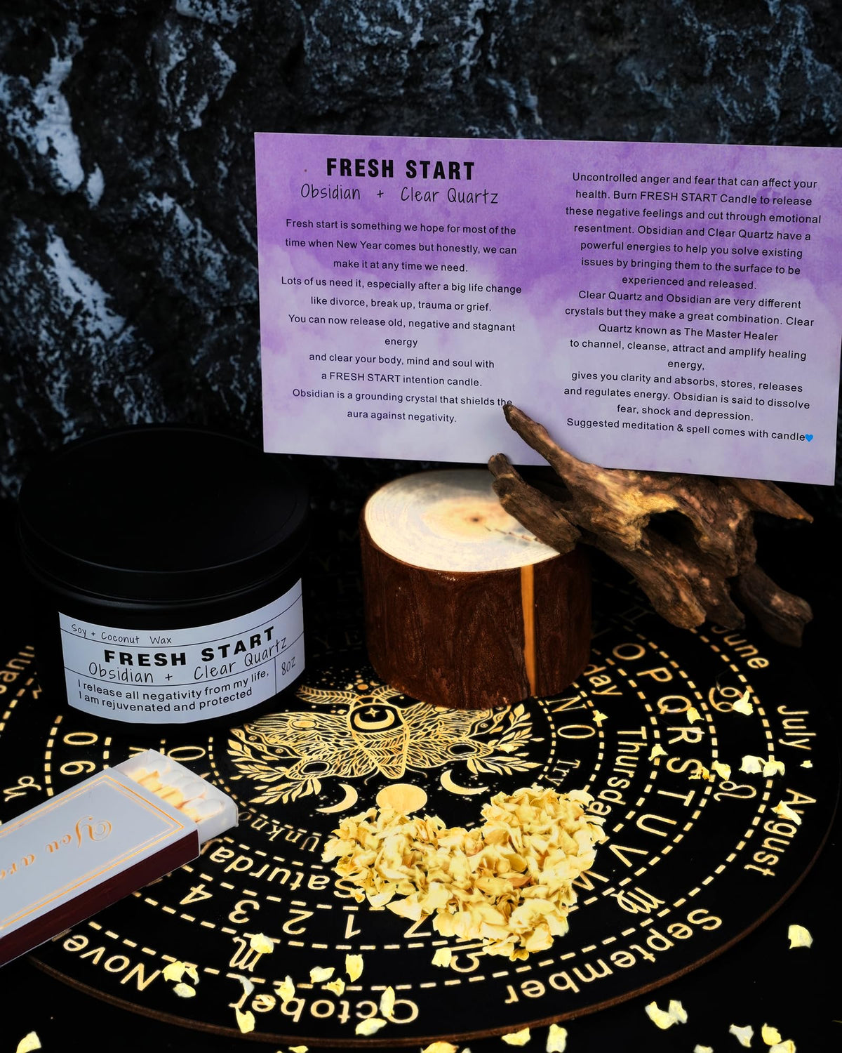 Crystal Intention Candle, 8oz Soy & Coconut Tin with Dried Flowers, Meditation Self-Care Gift