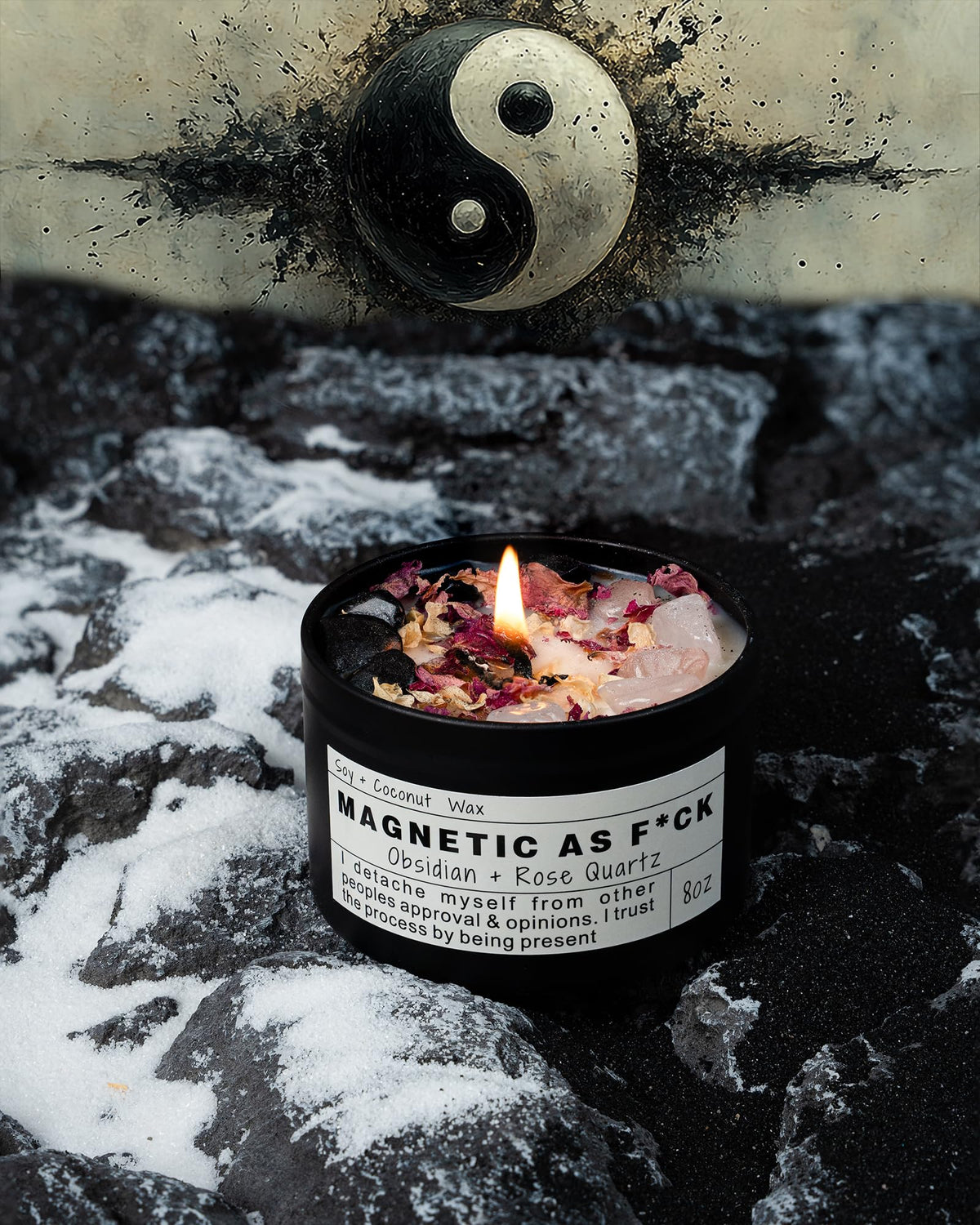Crystal Intention Candle, 8oz Soy & Coconut Tin with Dried Flowers, Meditation Self-Care Gift
