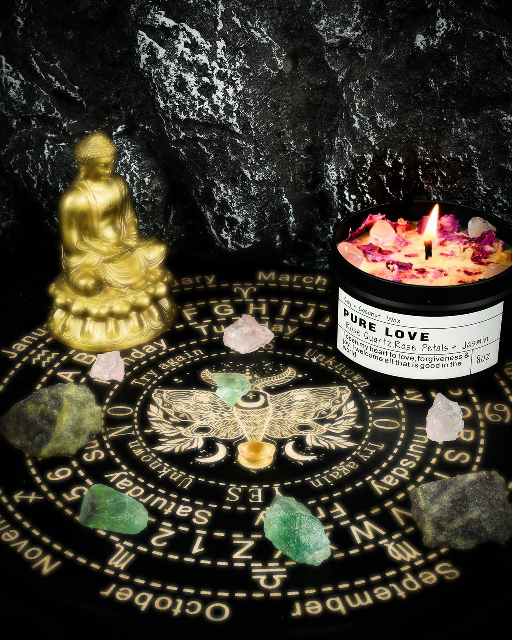 Crystal Intention Candle, 8oz Soy & Coconut Tin with Dried Flowers, Meditation Self-Care Gift