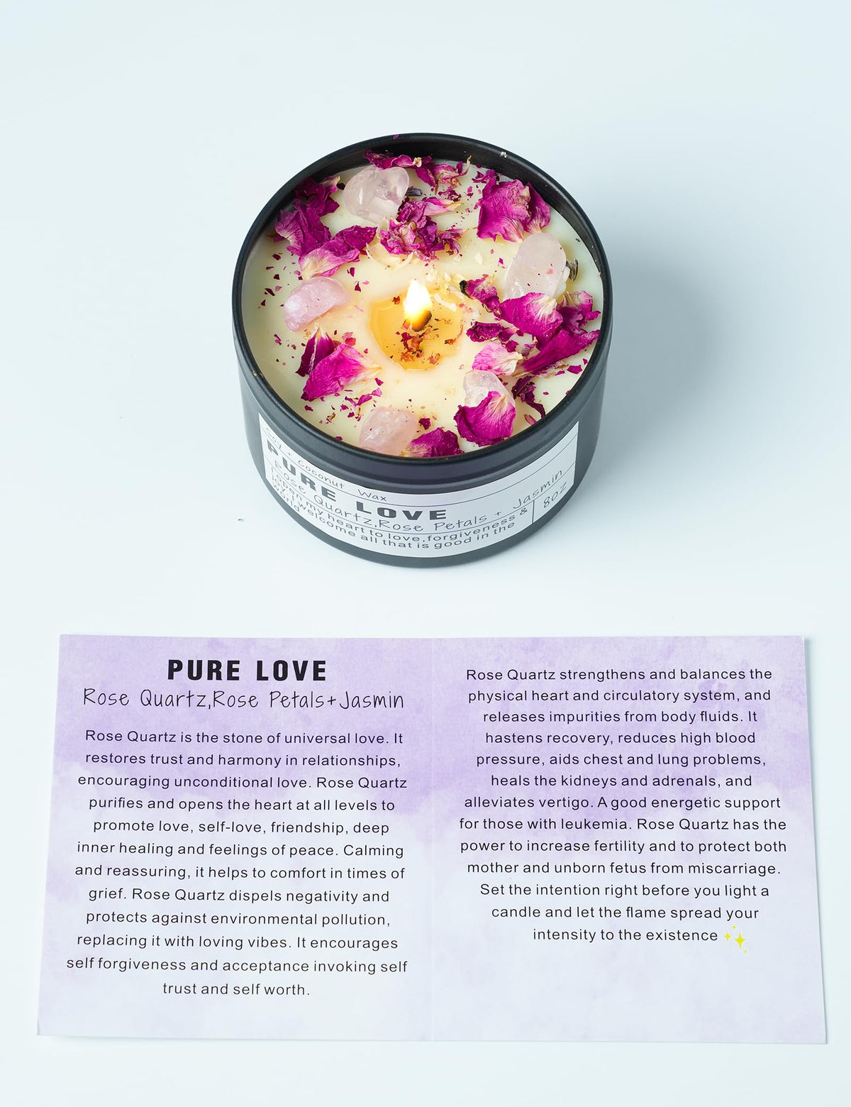 Crystal Intention Candle, 8oz Soy & Coconut Tin with Dried Flowers, Meditation Self-Care Gift