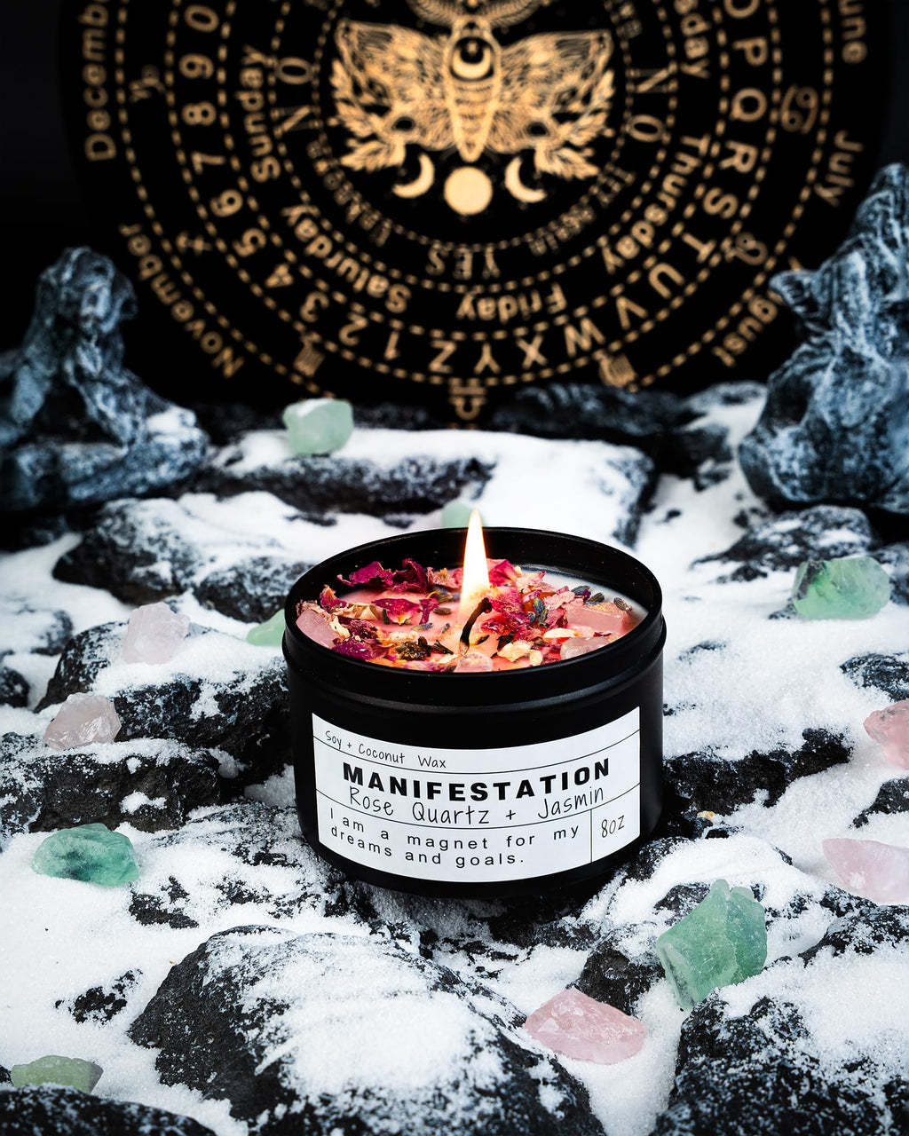 Crystal Intention Candle, 8oz Soy & Coconut Tin with Dried Flowers, Meditation Self-Care Gift