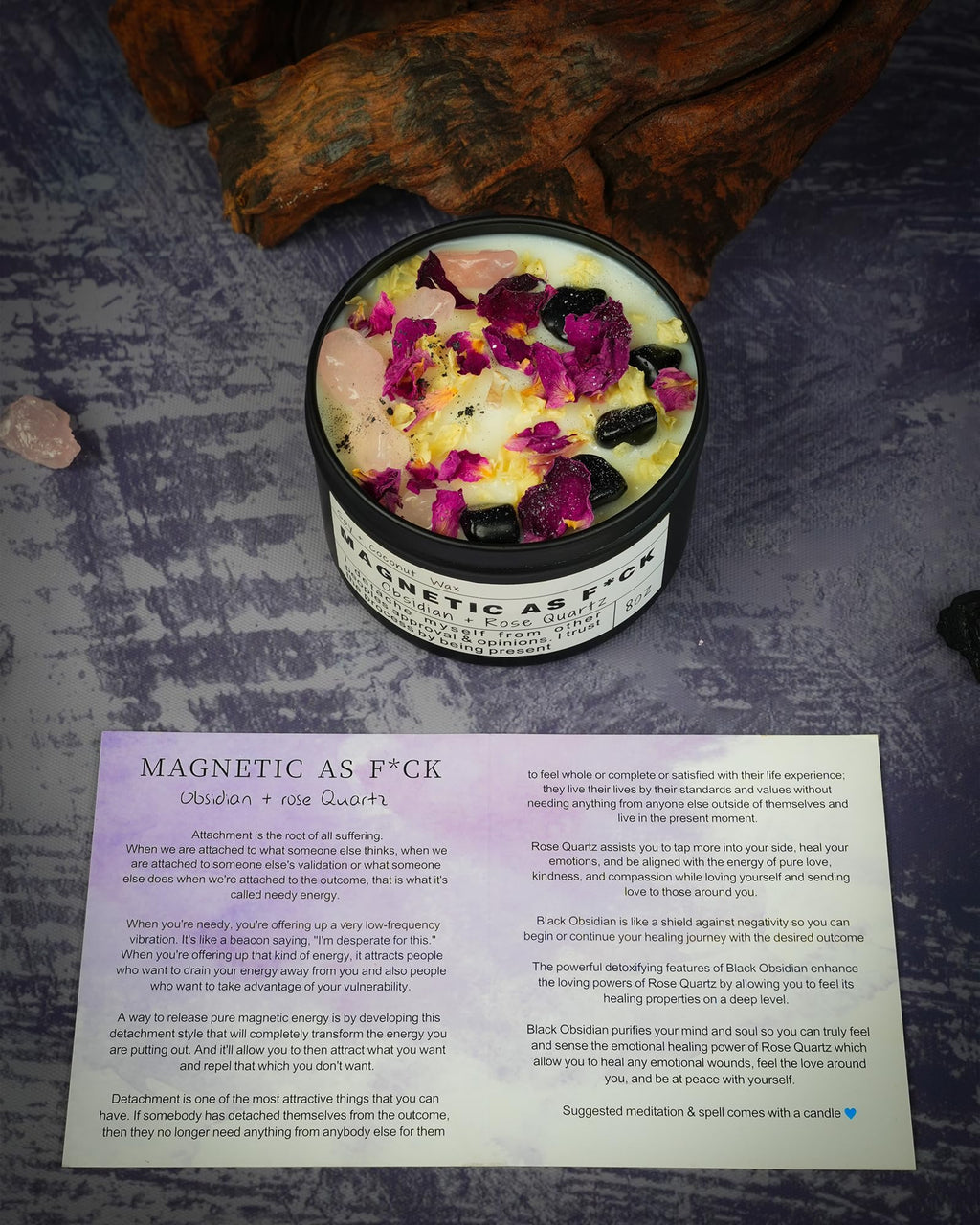 Crystal Intention Candle, 8oz Soy & Coconut Tin with Dried Flowers, Meditation Self-Care Gift