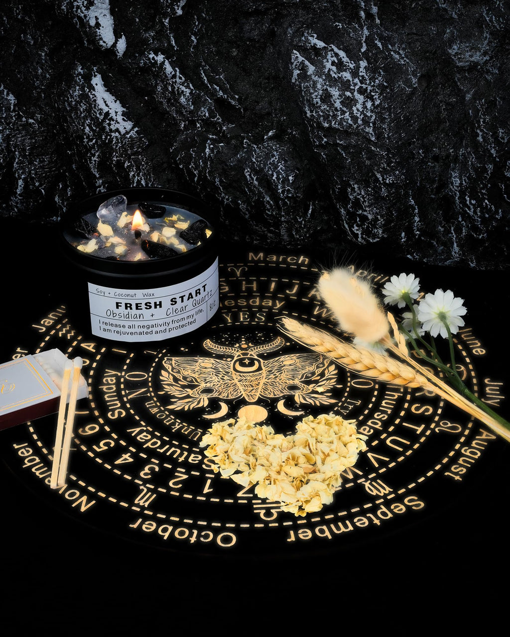 Crystal Intention Candle, 8oz Soy & Coconut Tin with Dried Flowers, Meditation Self-Care Gift