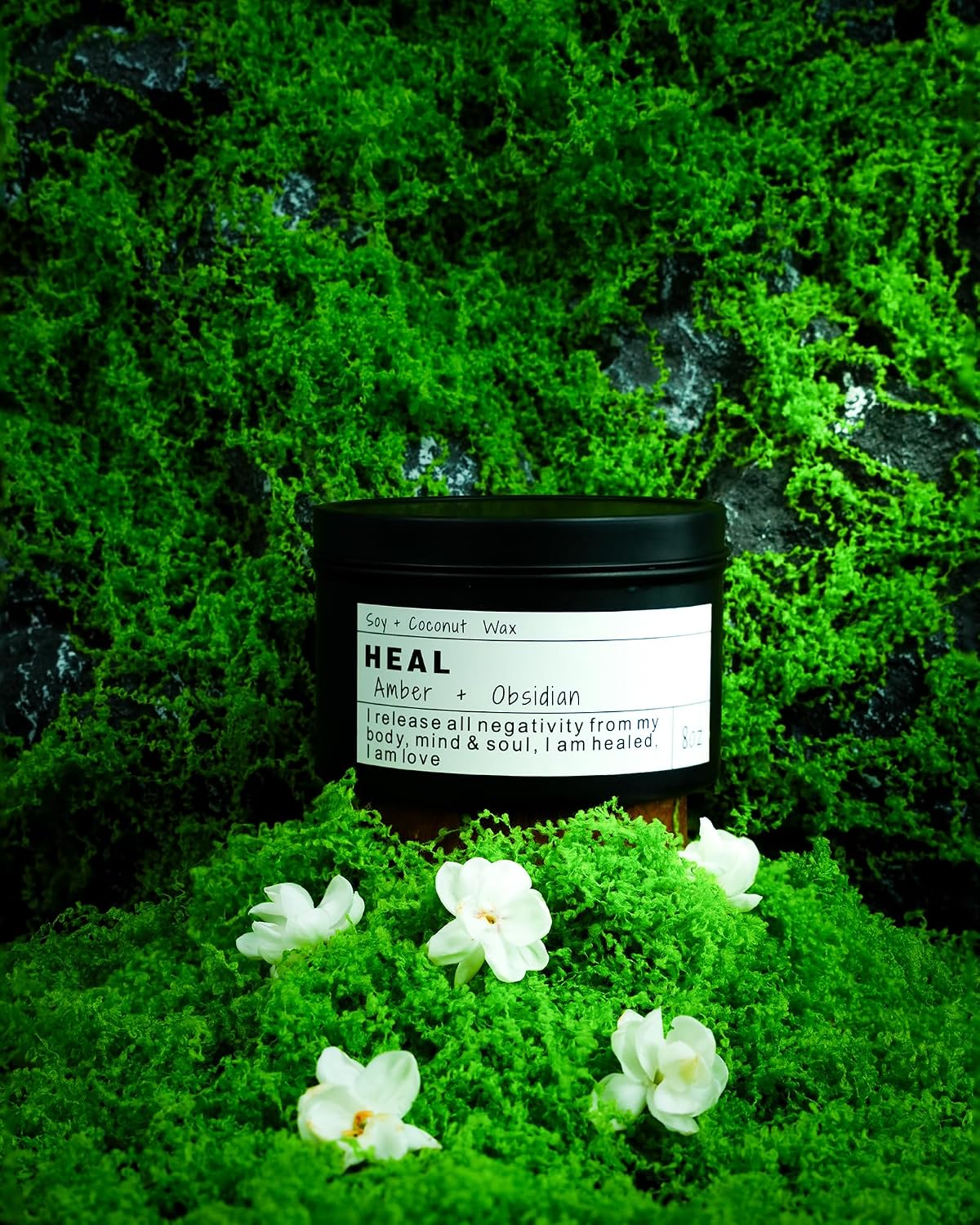 Crystal Intention Candle, 8oz Soy & Coconut Tin with Dried Flowers, Meditation Self-Care Gift