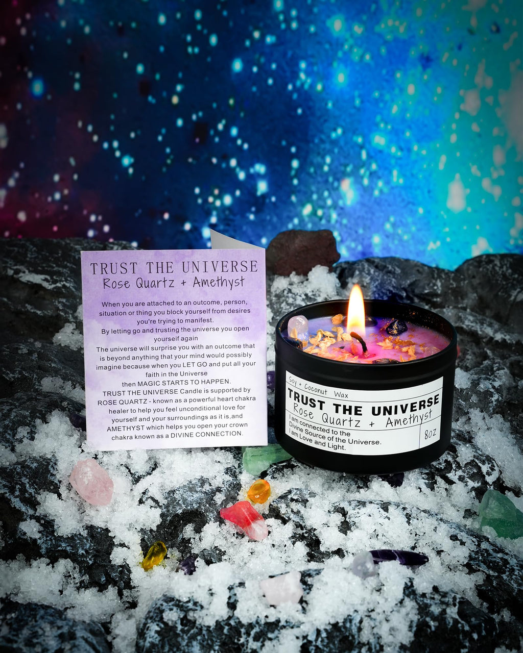 Crystal Intention Candle, 8oz Soy & Coconut Tin with Dried Flowers, Meditation Self-Care Gift