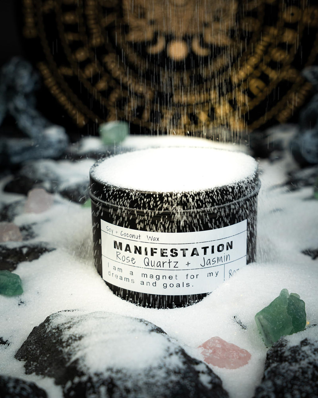Crystal Intention Candle, 8oz Soy & Coconut Tin with Dried Flowers, Meditation Self-Care Gift