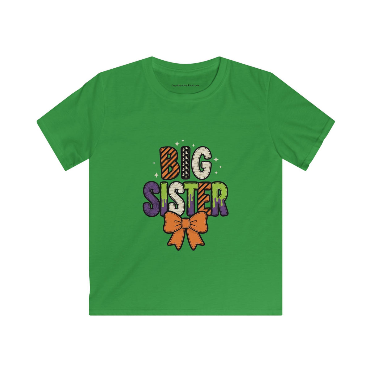 Big Sister Kids Halloween T-Shirt — Orange Bow & Spooky Colors Graphic Tee