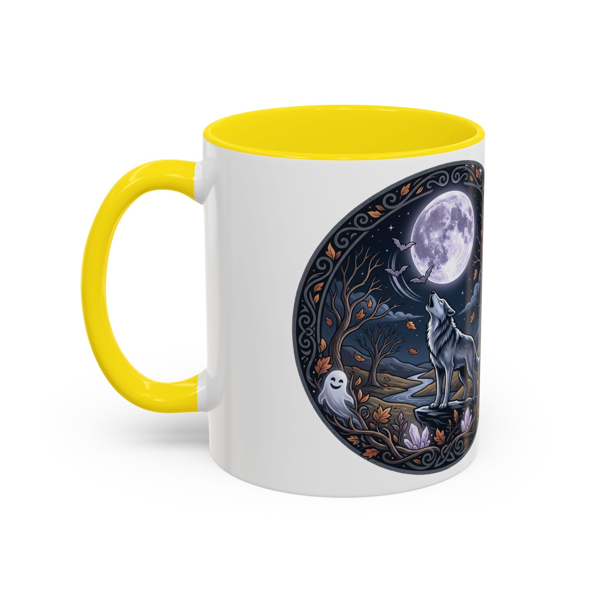 Wolf Moon Accent Coffee Mug — Gothic Night Forest Design with Ghost