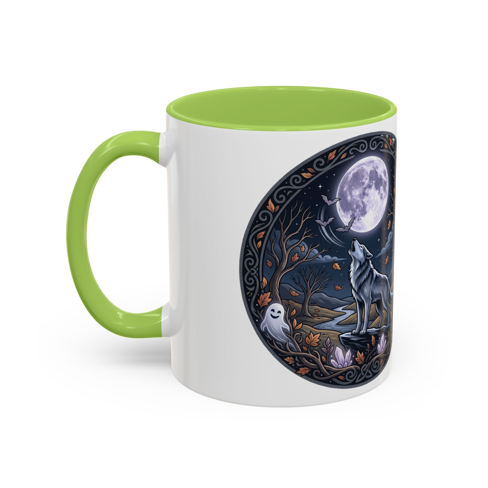 Wolf Moon Accent Coffee Mug — Gothic Night Forest Design with Ghost