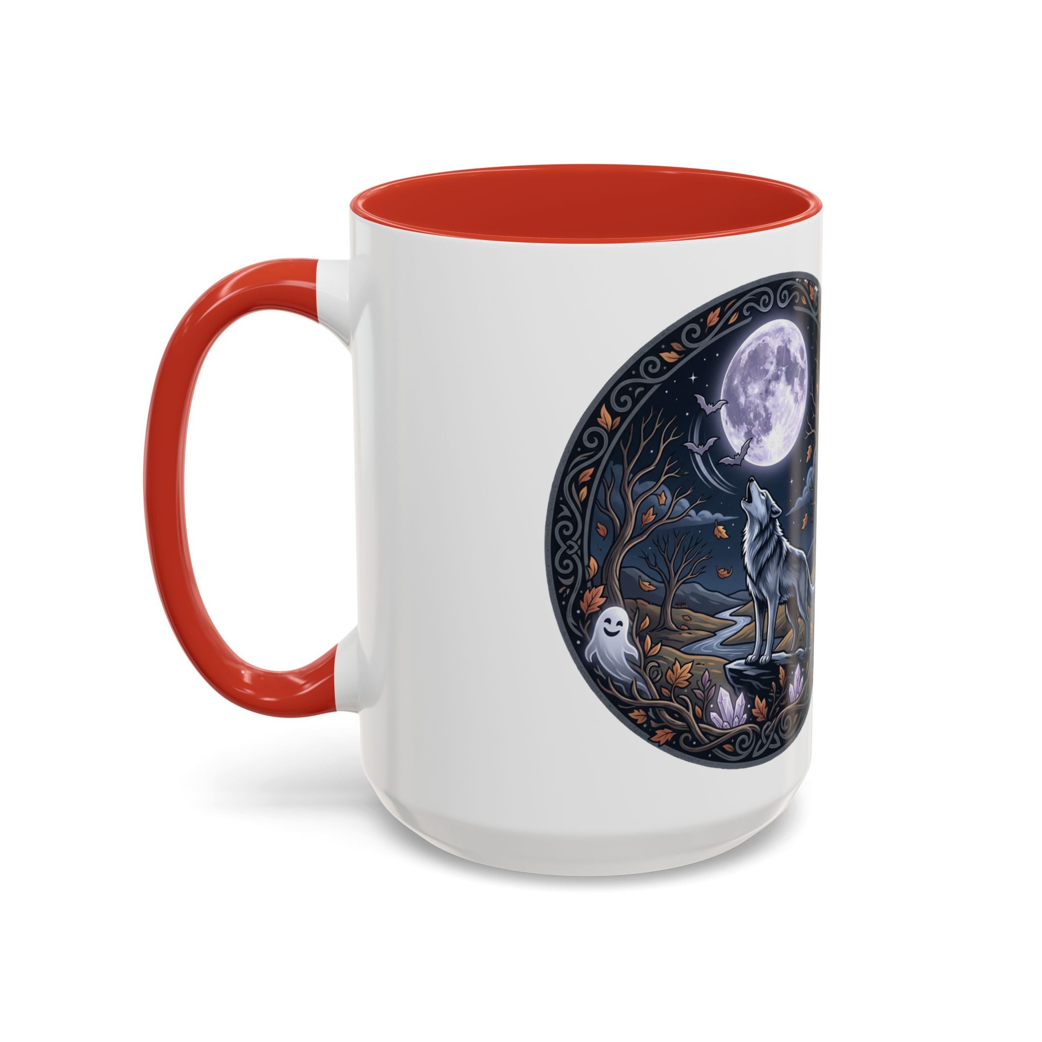 Wolf Moon Accent Coffee Mug — Gothic Night Forest Design with Ghost